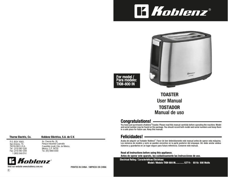 Image de la première page du manuel de l'appareil TKM-800 IN