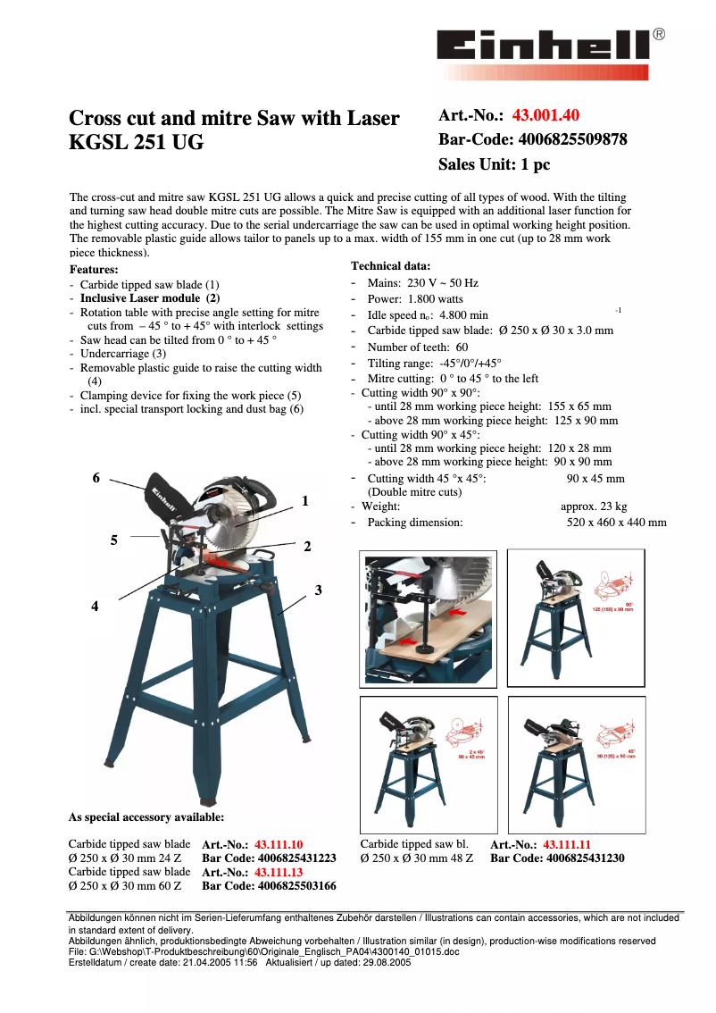 Página 1 del manual Ficha técnica Einhell KGSL 251 U