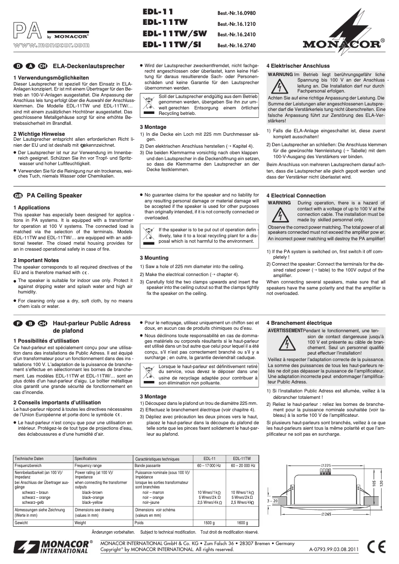 Page 1 of the manual User Manual Monacor EDL-11TW/SI