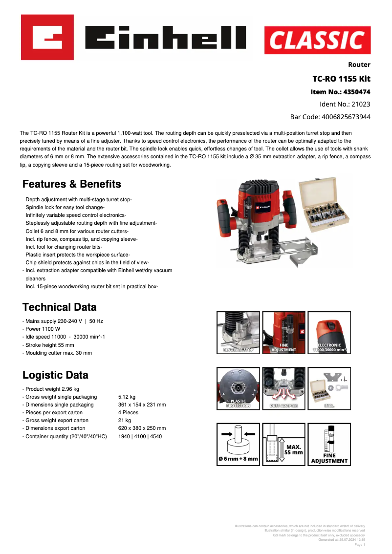 Page n°1 - Fiche technique Einhell TC-RO 1155 Kit