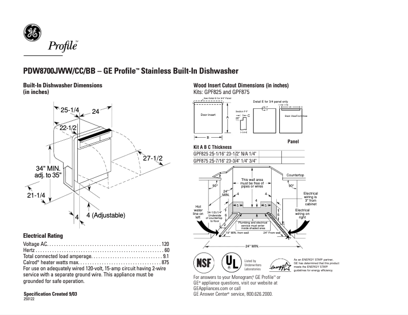 Page 1 de la notice Fiche technique GE Profile PDW8700JCC