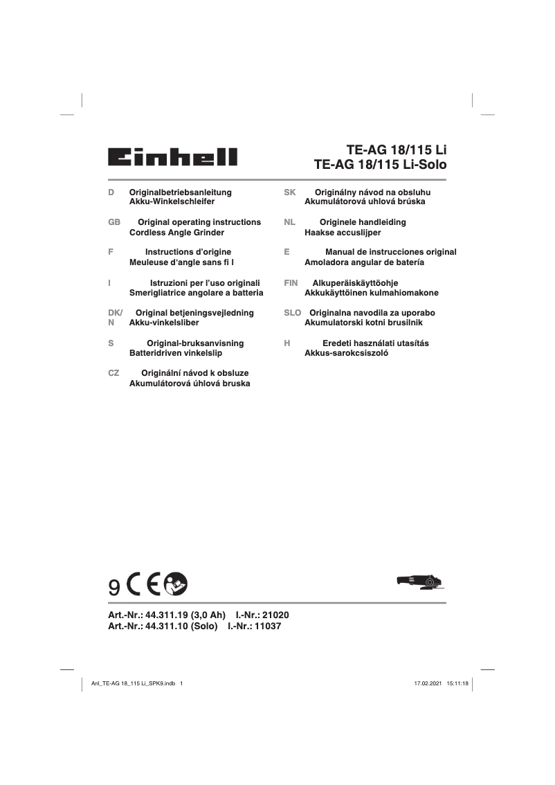 Page 1 de la notice Manuel utilisateur Einhell TE-AG 18/115 Li