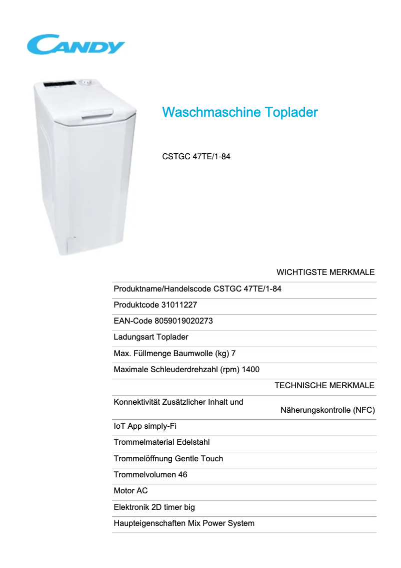 Page 1 de la notice Fiche technique Candy CSTGC 47TE/1-84