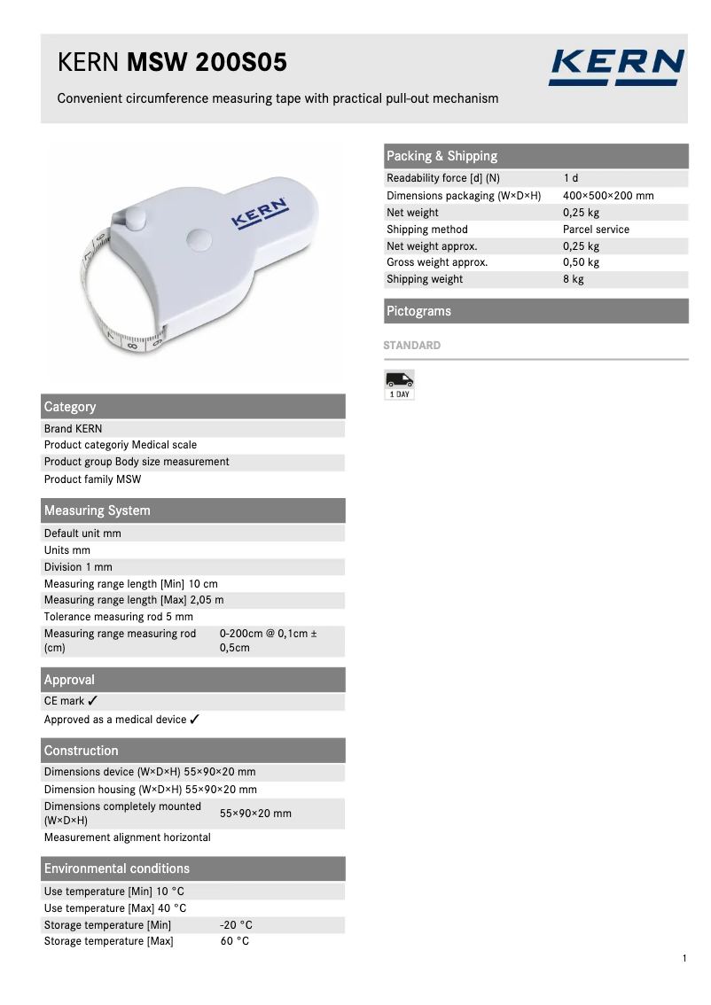 Page 1 de la notice Fiche technique Kern MSW 200S05