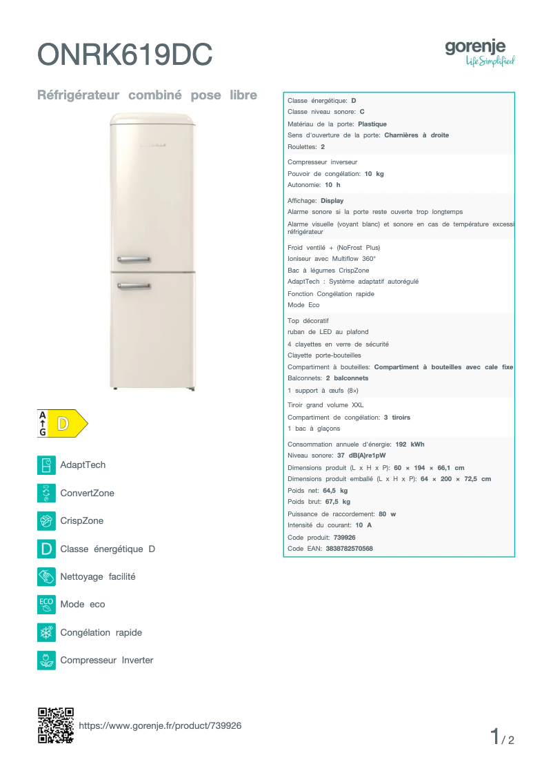 Page n°1 - Fiche technique Gorenje ONRK619DC
