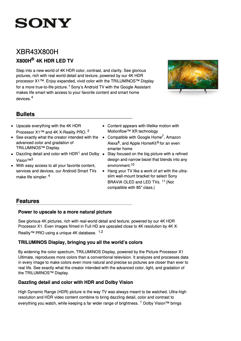 Page 1 de la notice Fiche technique Sony XBR43X800H
