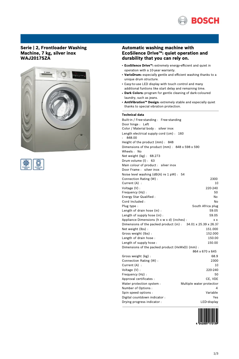Page n°1 - Fiche technique Bosch WAJ2017SZA