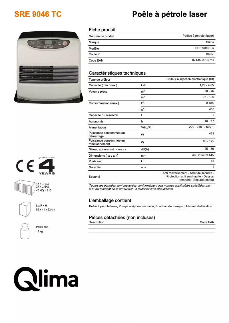 Page 1 de la notice Fiche technique Qlima SRE 9046 TC