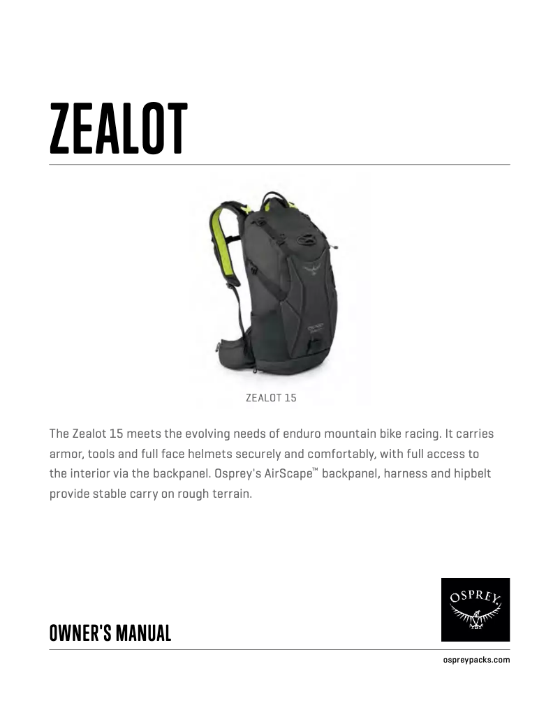 Page 1 de la notice Manuel utilisateur Osprey Zealot 15