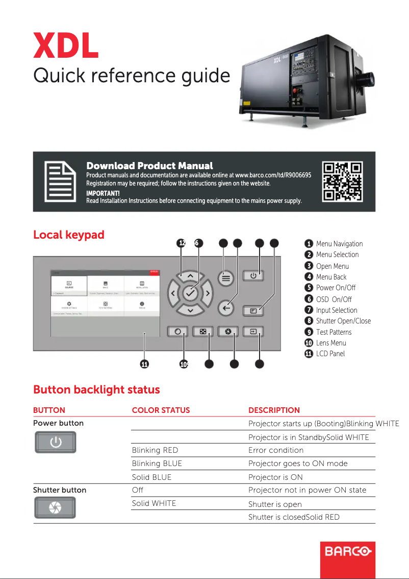 Page 1 de la notice Guide de démarrage rapide Barco XDL-4K60