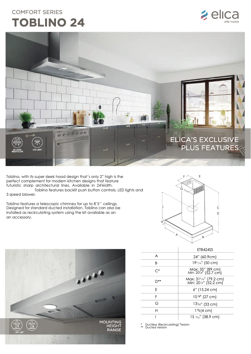 Page 1 de la notice Fiche technique Elica TOBLINO 24 ETB424SS