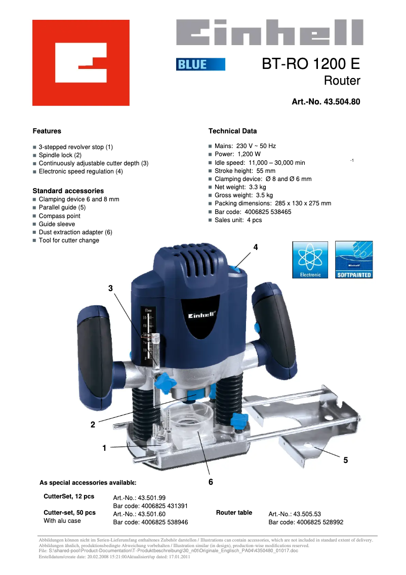 Page 1 de la notice Manuel utilisateur Einhell BT-RO 1200 E