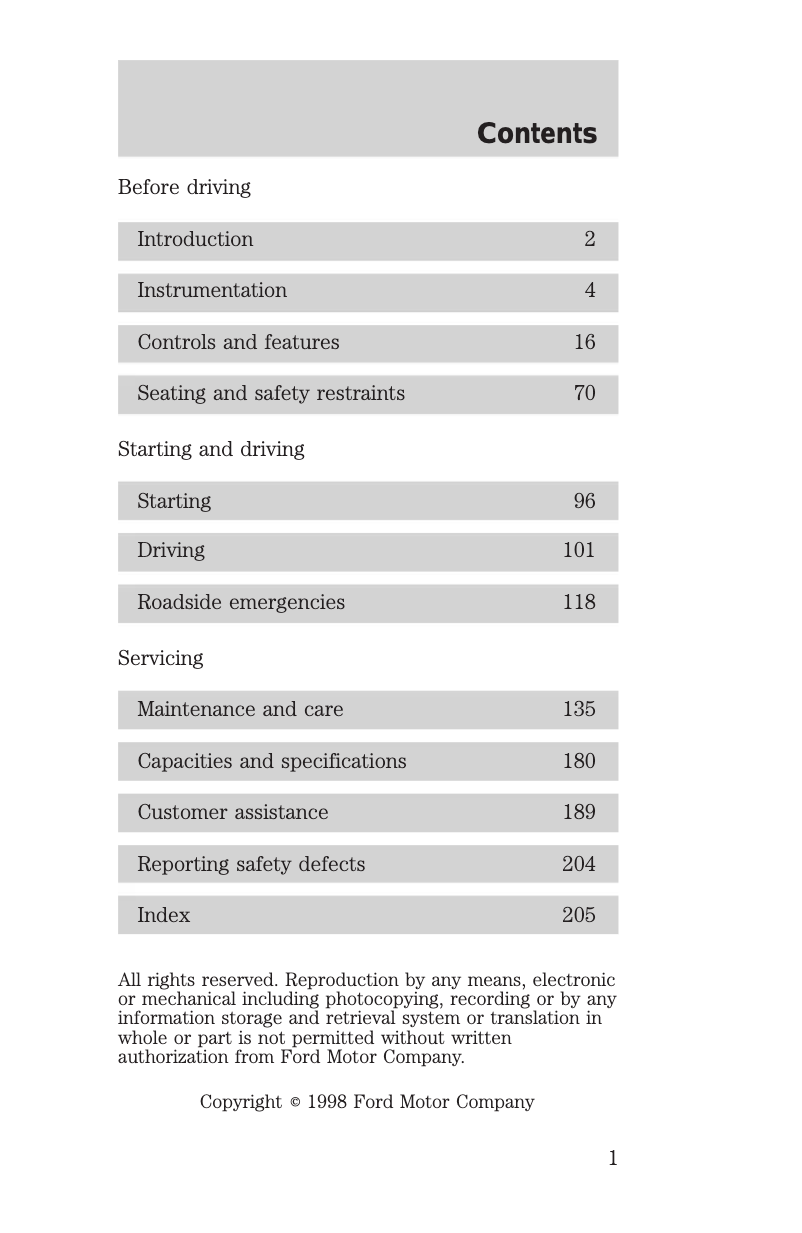 Page 1 de la notice Manuel utilisateur Mercury Sable (1999)