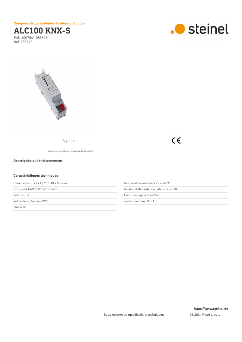 Page 1 de la notice Fiche technique Steinel ALC100 KNX