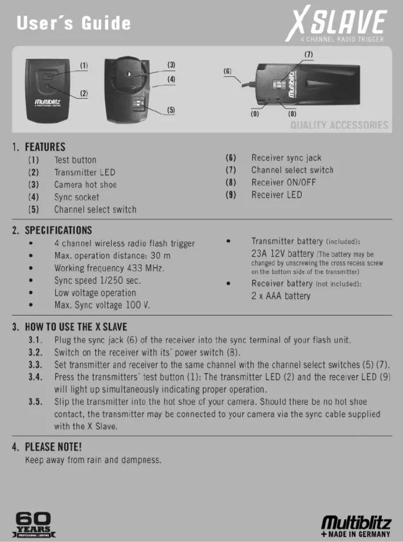 Page 1 de la notice Manuel utilisateur Multiblitz X-Slave Radio Trigger