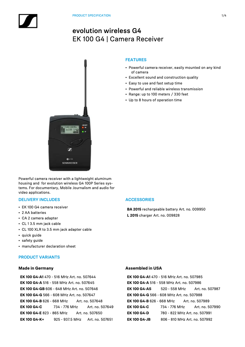 Page n°1 - Fiche technique Sennheiser EK 100 G4