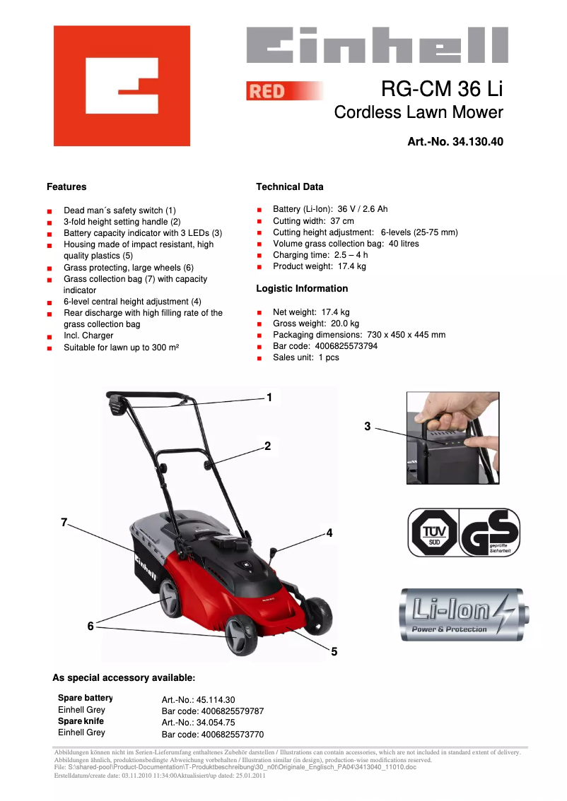 Page n°1 - Fiche technique Einhell RG-CM 36 Li