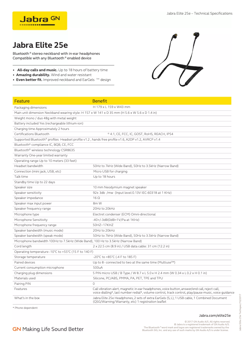 Page n°1 - Fiche technique Jabra Elite 25e