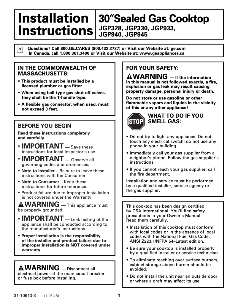 Image de la première page du manuel de l'appareil Profile JGP933CEKCC