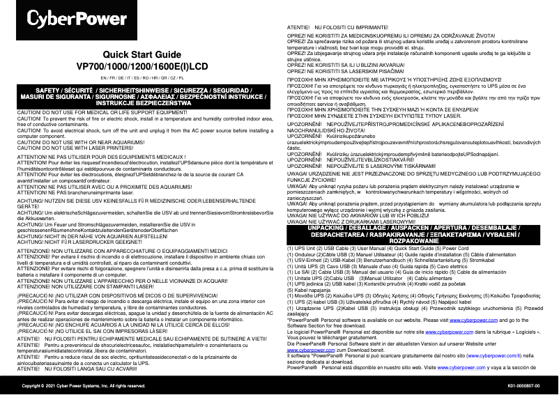 Page 1 de la notice Guide de démarrage rapide CyberPower VP1600EILCD