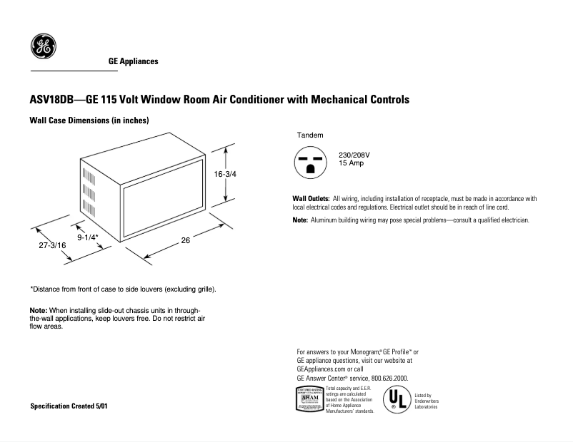 Page n°1 - Fiche technique GE ASV18DB