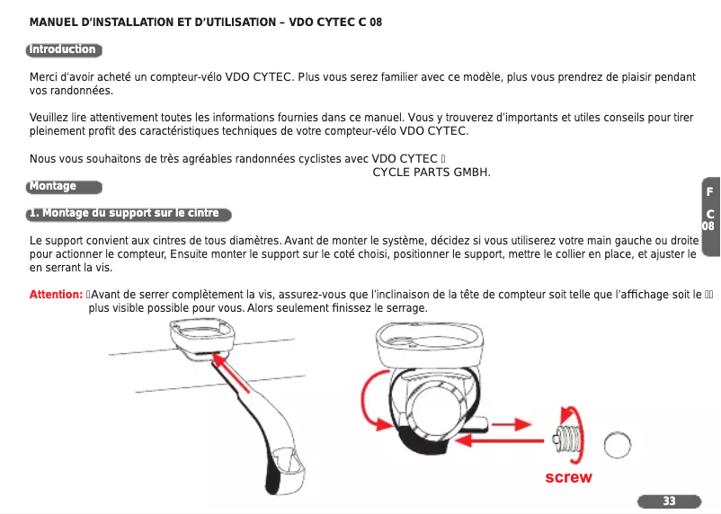 Page n°1 - Manuel utilisateur VDO C08