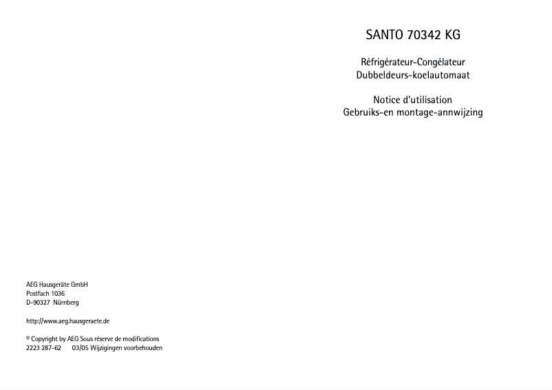 Page 1 de la notice Manuel utilisateur AEG Santo 70342 KG