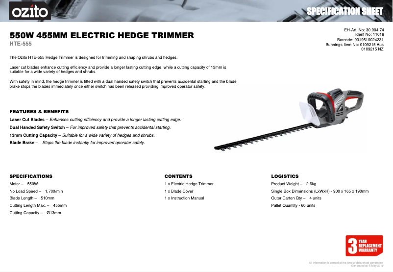 Page 1 de la notice Fiche technique Ozito HTE-555