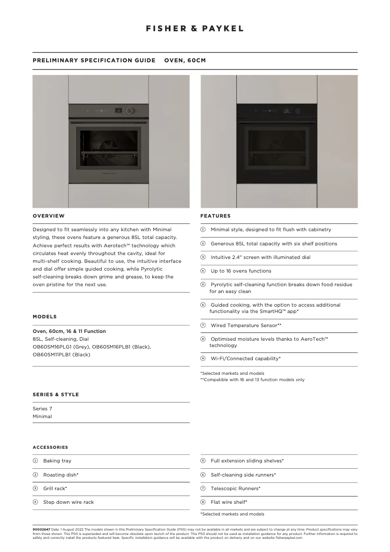 Page 1 de la notice Fiche technique Fisher & Paykel OB60SM16PLB1