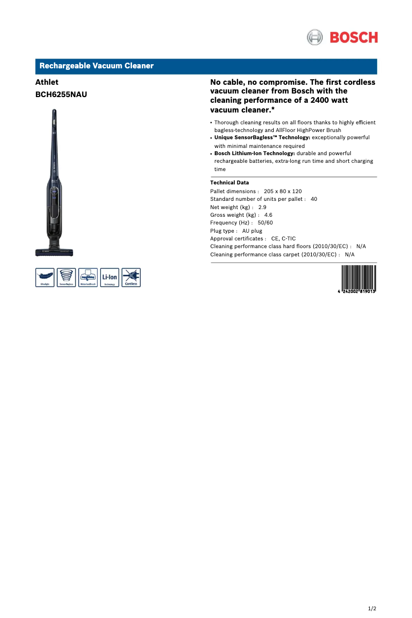 Page 1 de la notice Fiche technique Bosch BCH6255NAU