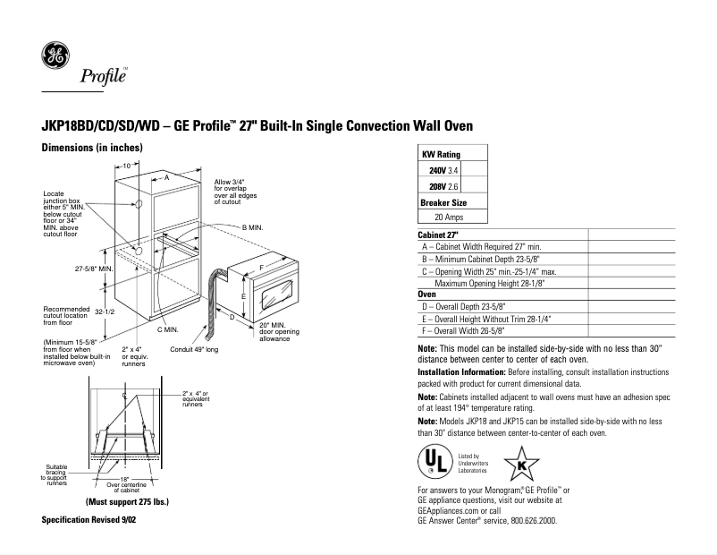 Page n°1 - Fiche technique GE Profile JKP18CDCC