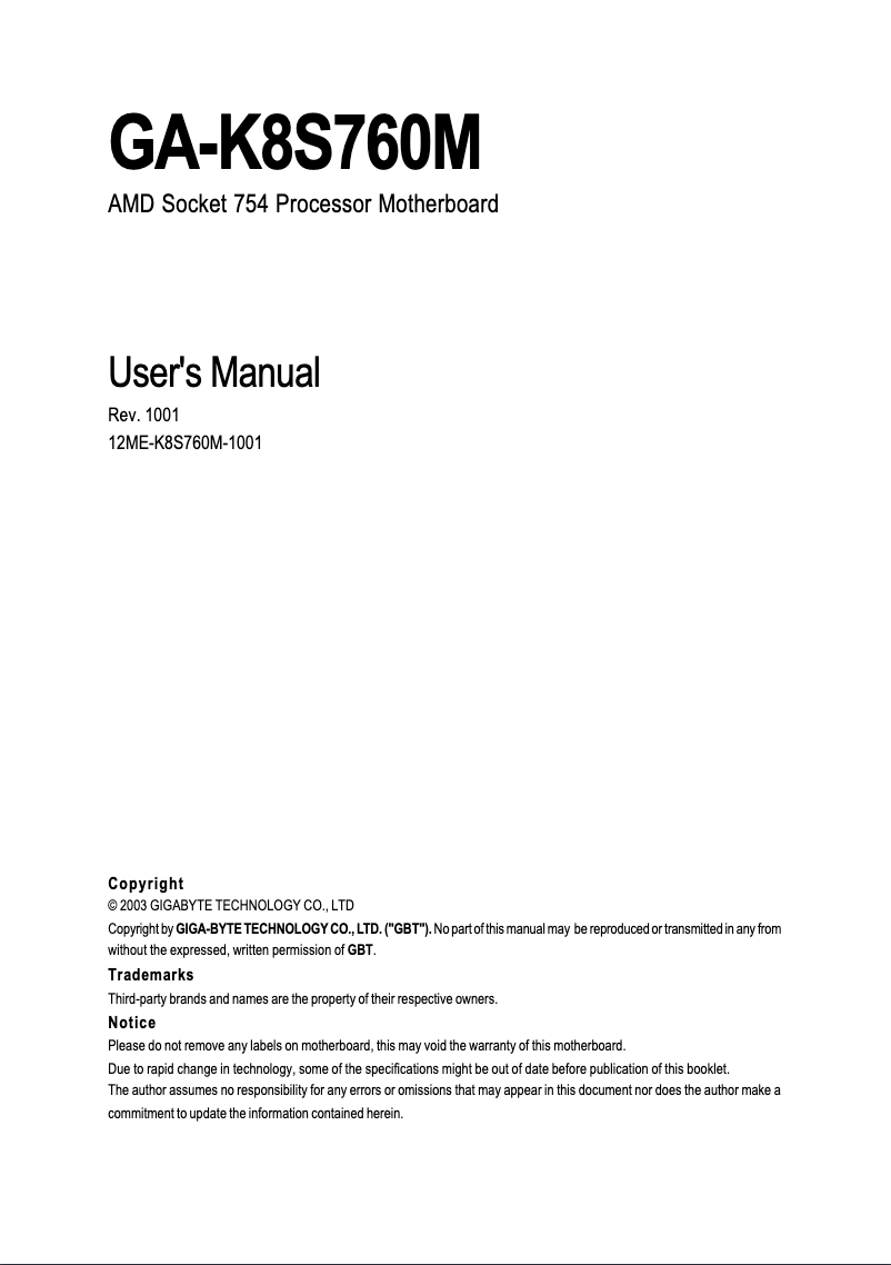 Page n°1 - Manuel utilisateur Gigabyte GA-K8S760M