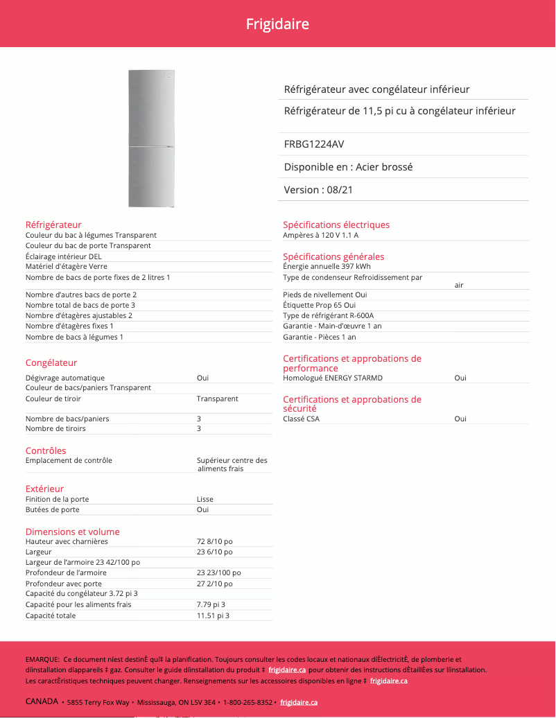 Página 1 del manual Ficha técnica Frigidaire FRBG1224AV