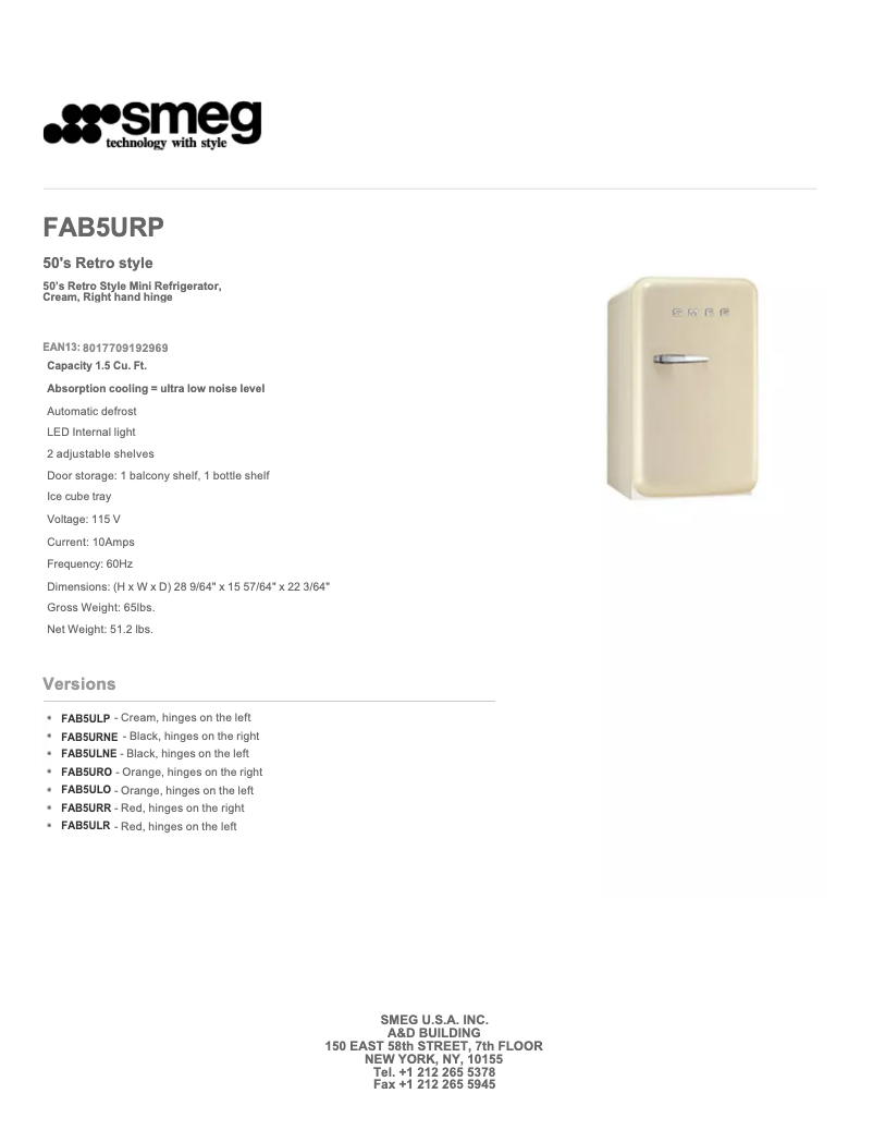 Page 1 de la notice Fiche technique Smeg FAB5UL