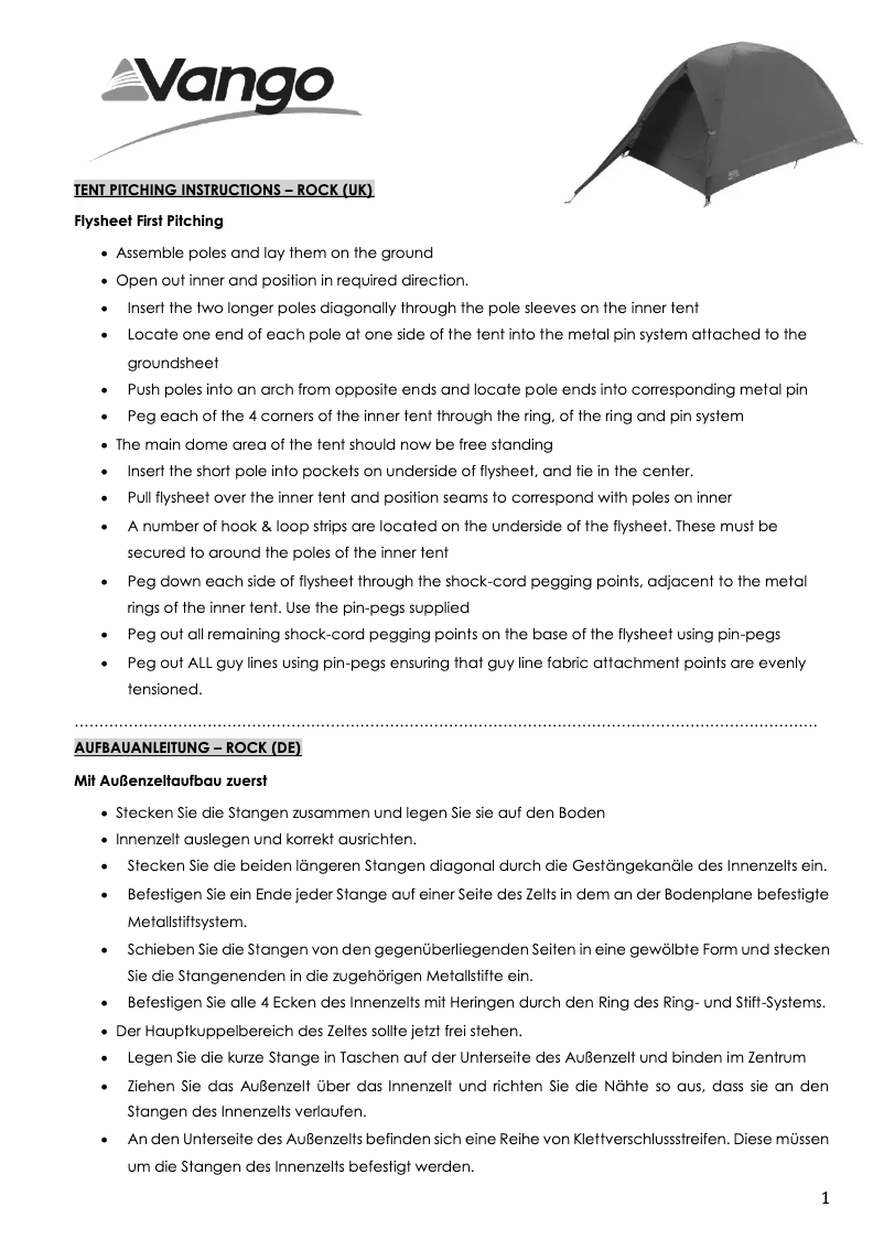 Page 1 de la notice Manuel utilisateur Vango Rock 200