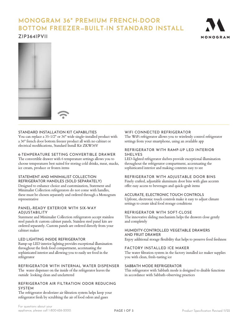 Page 1 de la notice Fiche technique Monogram ZIP364IPVII