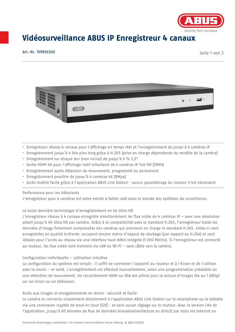 Page 1 de la notice Fiche technique Abus TVVR36300