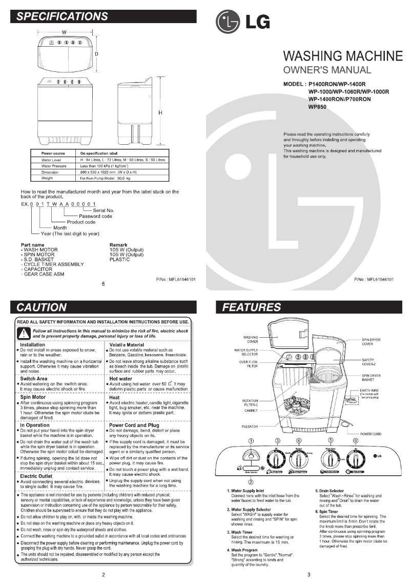 Page 1 de la notice Manuel utilisateur LG WP-1400RON
