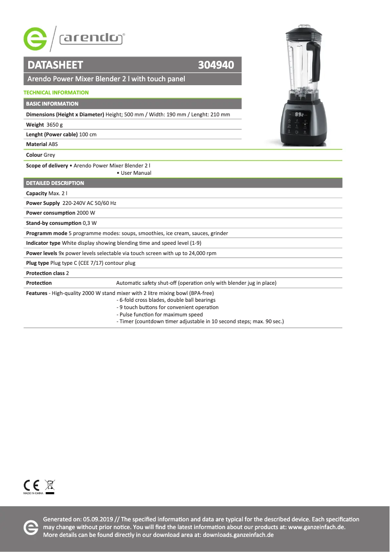 Page n°1 - Fiche technique Arendo 306855