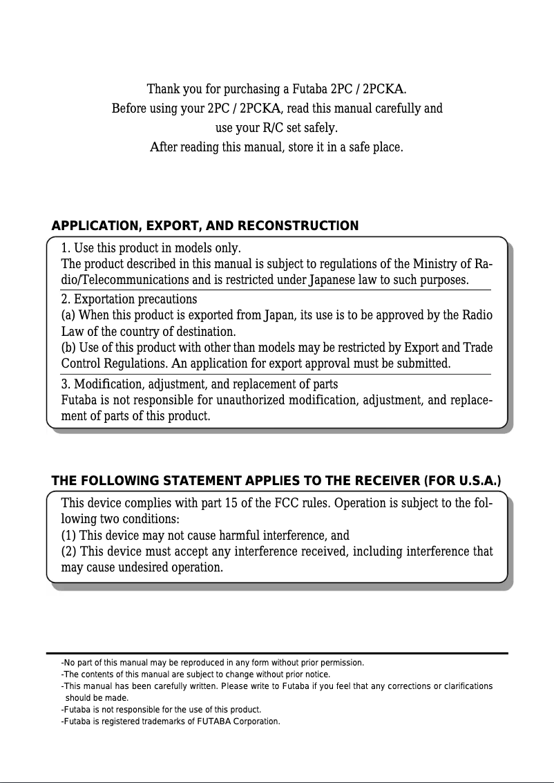 Page 1 de la notice Manuel utilisateur Futaba 2PCKA