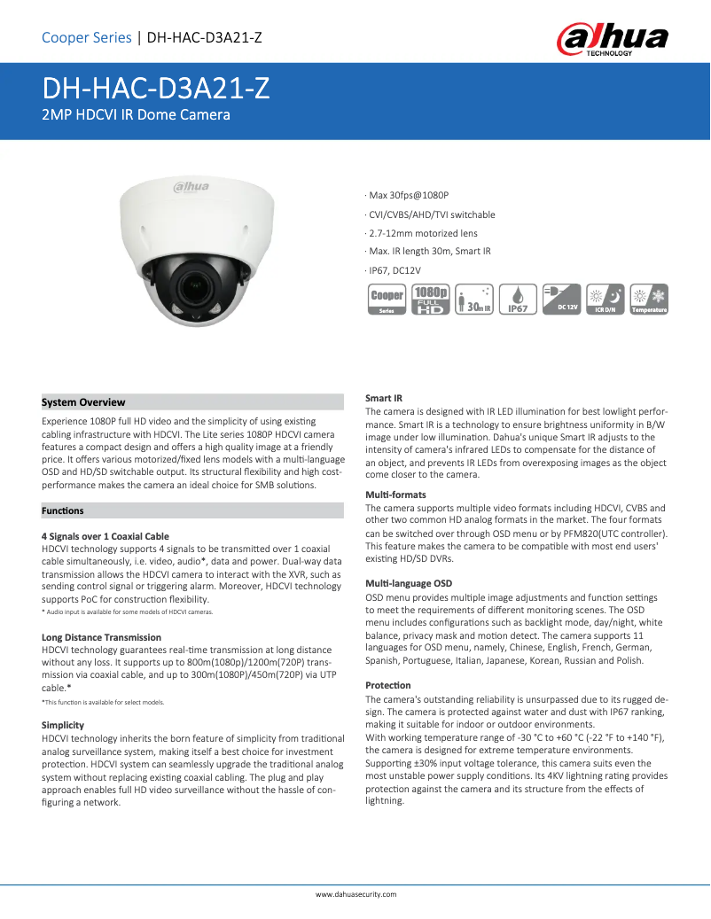 Page n°1 - Fiche technique Dahua Technology HAC-D3A21-Z