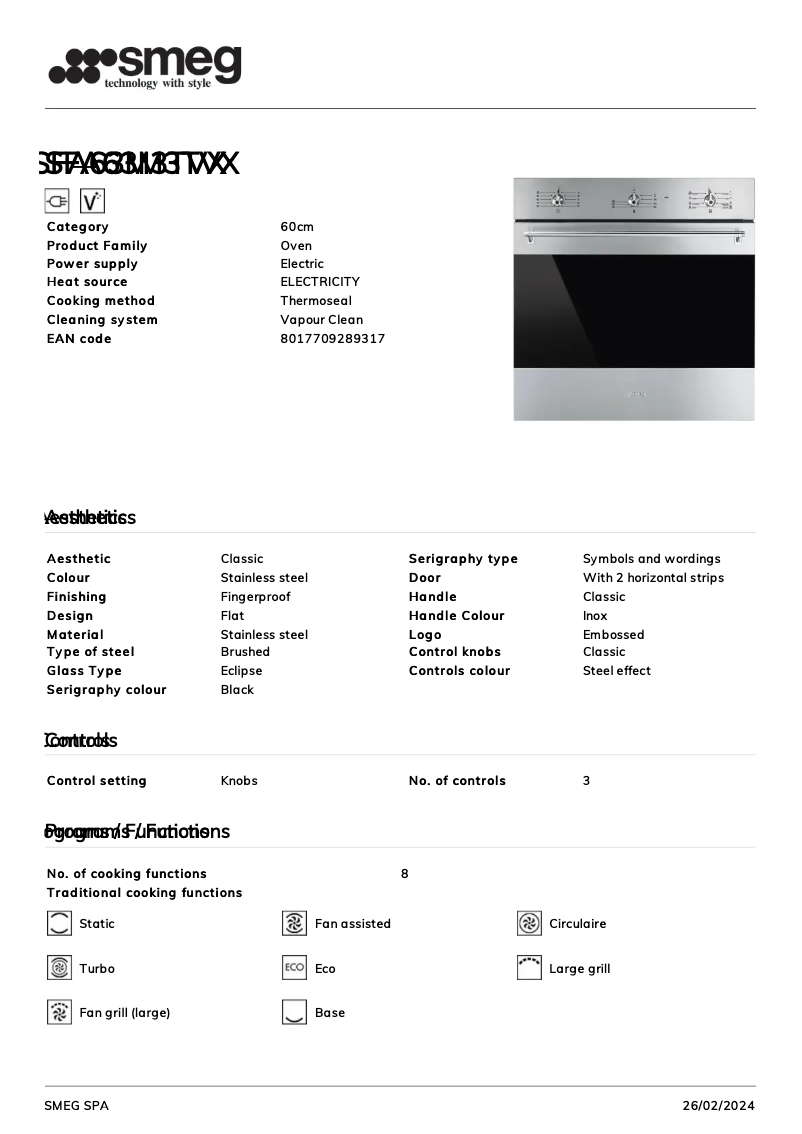 Page n°1 - Fiche technique Smeg SFA63M3TVX
