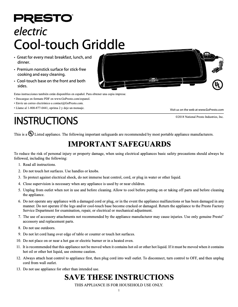 Page 1 de la notice Manuel utilisateur Presto Cool-touch 07047