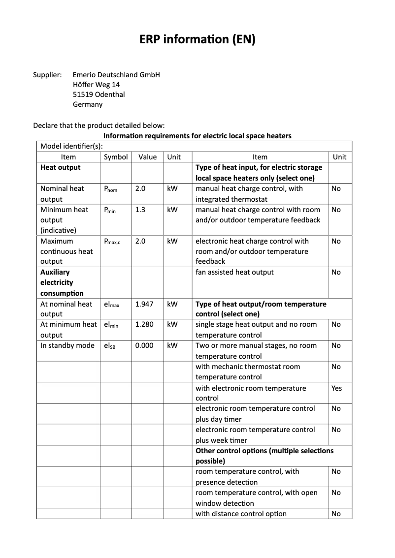Page 1 de la notice Fiche technique Emerio FH-117208