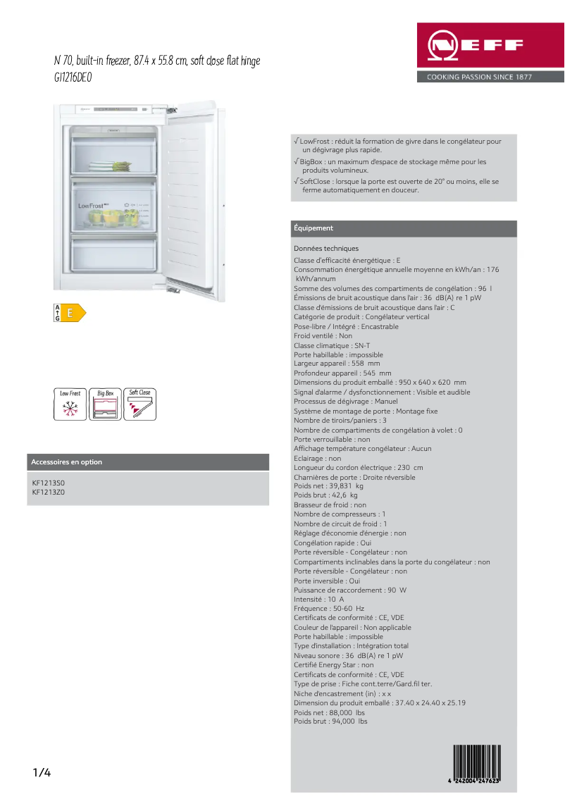 Page 1 de la notice Fiche technique Neff GI1216DE0