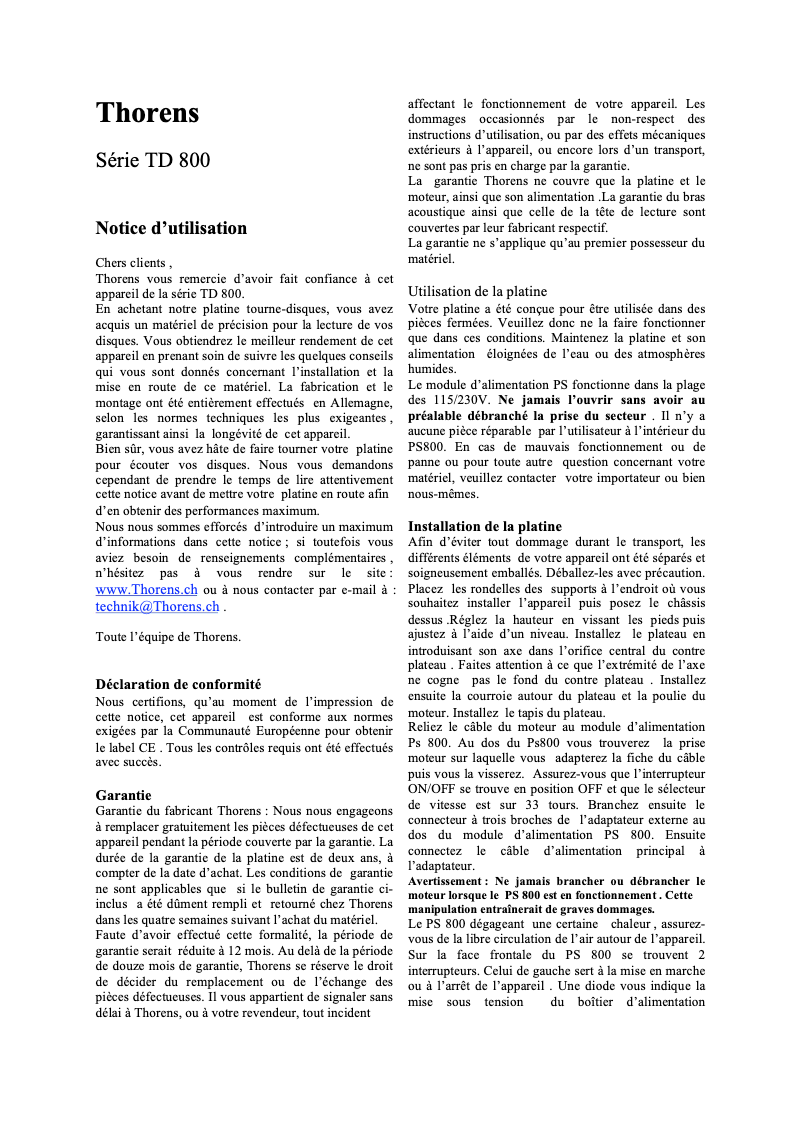 Page 1 de la notice Manuel utilisateur Thorens TD 800
