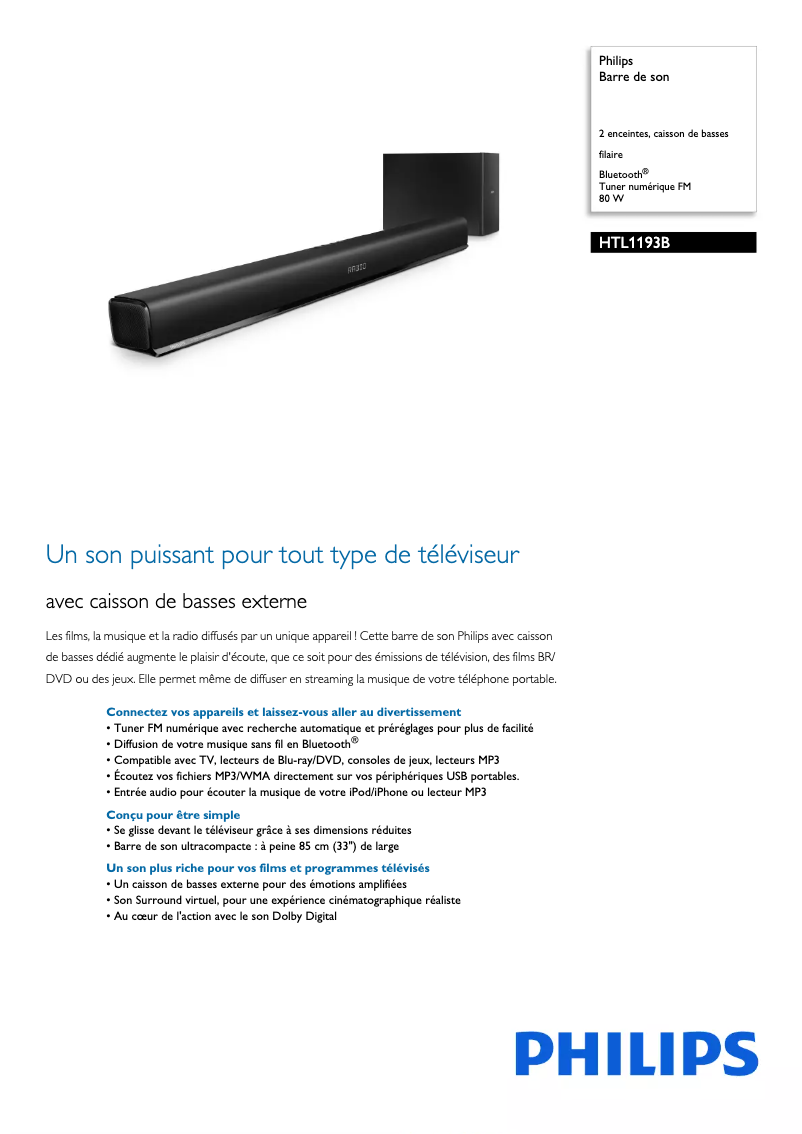 Page n°1 - Fiche technique Philips HTL1193B