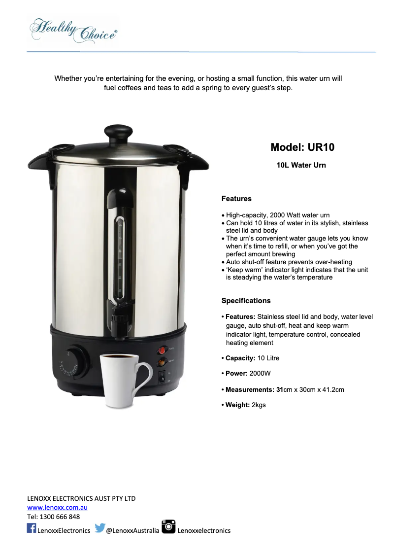 Page 1 de la notice Fiche technique Healthy Choice UR10