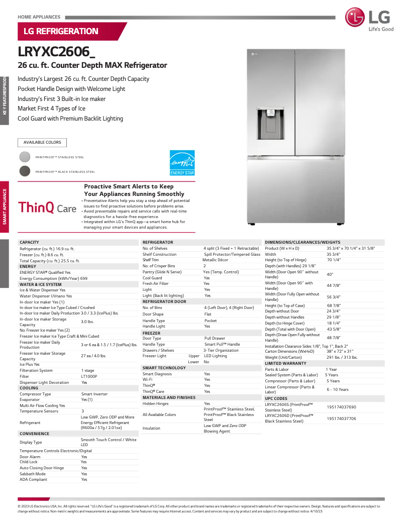 Page 1 de la notice Fiche technique LG LRYXC2606S