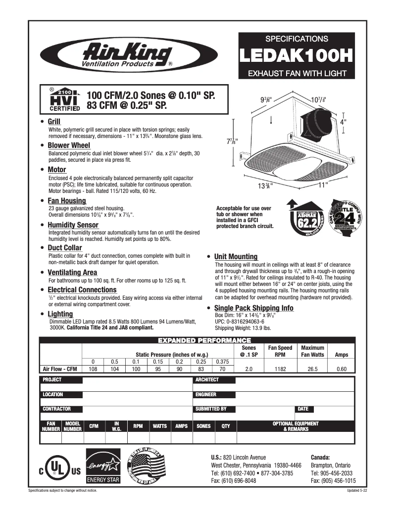 Page 1 de la notice Fiche technique Air King LEDAK100H